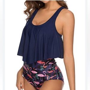 Adisputent Navy Tiered Ruffle Cropped Swimsuit Top, Size M, NWT